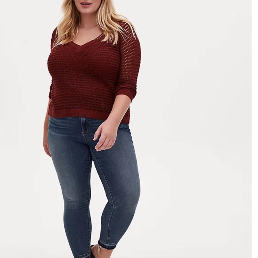 Rust Red Open Stitch & Pointelle V-neck Crop Pullover Sweater